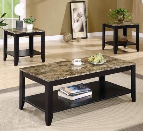 3pc Coffee Table & End Table Set Faux Marble Top Espresso Finish