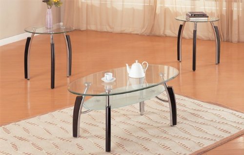 3pc Modern Oval Metal and Glass Coffee & End Table Set