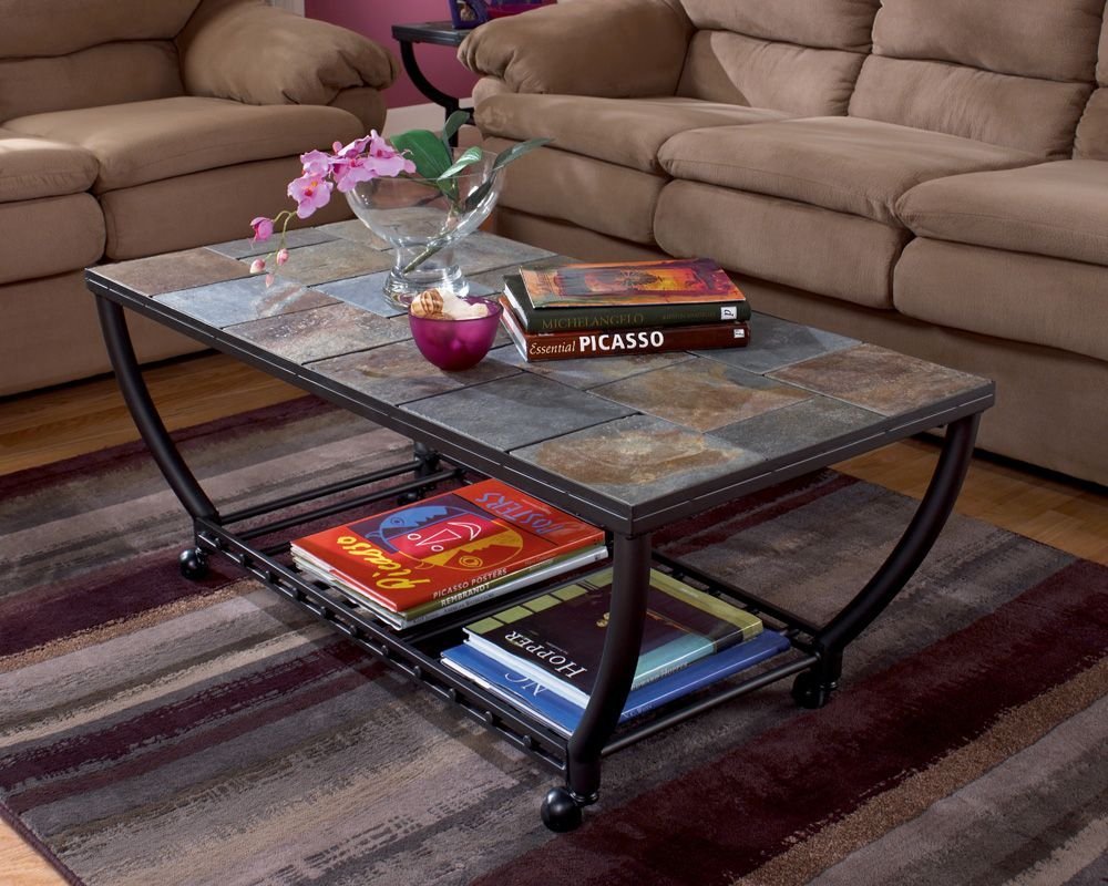 Antigo Cocktail Table with Slate Tiles and Casters