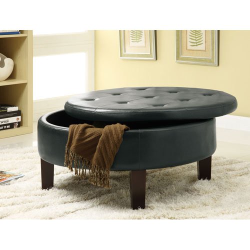 Coaster Round Upholstered Storage Ottoman with Tufted Top in Black