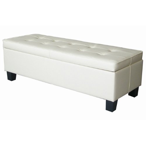 Cream Leather Tufted Storage Bench Ottoman