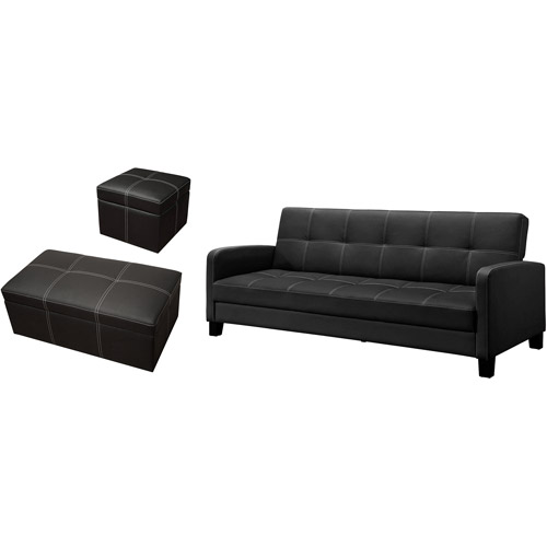 Delaney Convertible Sofa Bed and Set of 2 Ottomans Value Bundle, Black