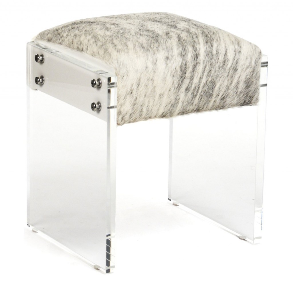 Modern Art Deco Gray Cowhide Lucite Vanity Stool Ottoman