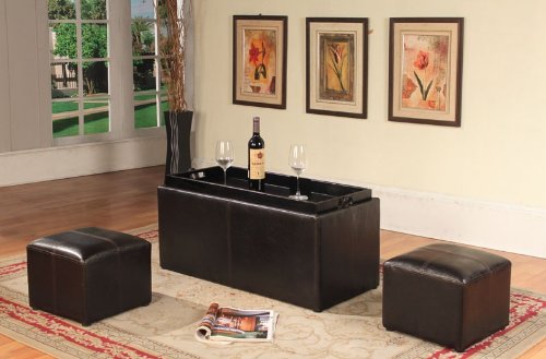 Roundhill Espresso Bonded Leather Storage Coffee Table with 2 Ottomans