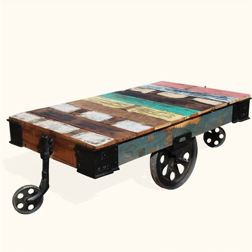 Rustic Reclaimed Wood Rolling Cart Industrial Coffee Table Furniture