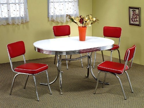 5pcs Retro Chrome Plated Oval Dining Table & 4 Red Chairs Set