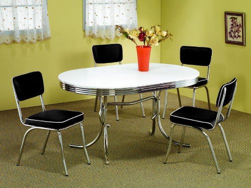 5pcs Retro Chrome Plated Oval Dining Table & 4 Red Chairs Set