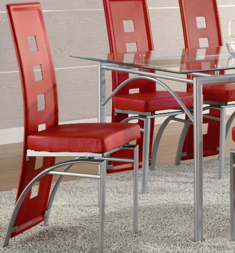 Coaster Set of 2 Dining Chairs Red Leather Like Metal Legs Matte Silver Finish