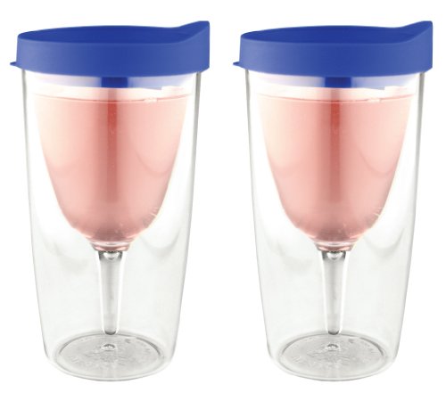 Vino2Go 2 Pack Clear Double Wall Acrylic Tumblers with Blue Lids