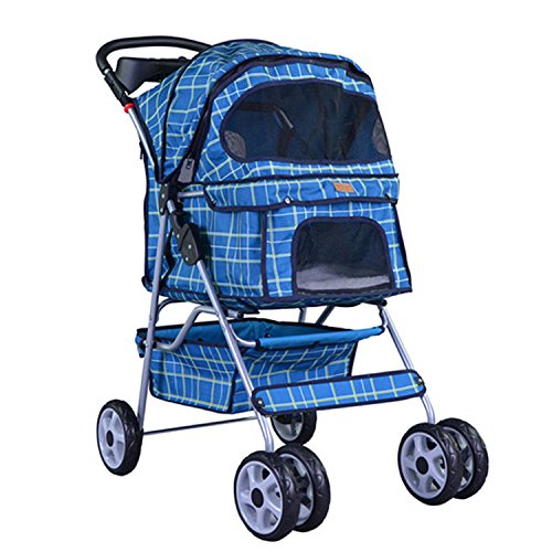Classic Blue Grid 4 Wheel Pet Stroller