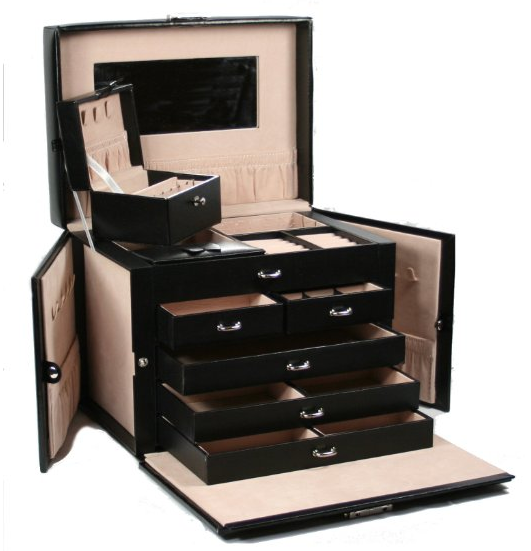 Black Leather Jewelry Box Travel Case and Lock