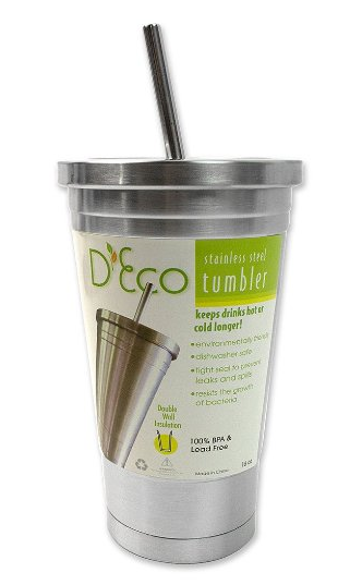 Stainless Steel Tumbler with Straw- Hot and Cold Double Wall Drinking Mug- 16 oz.